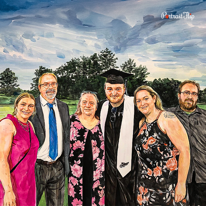 Watercolor family portrait at a graduation